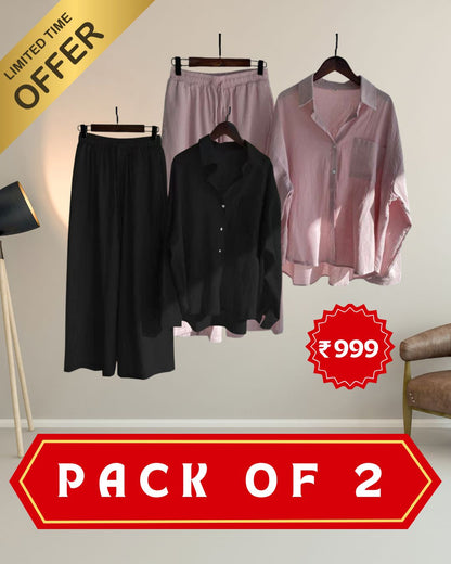 Pack of 2 Fashionable Women’s High‑Waist Cotton Shirt & Slacks Set 3.0