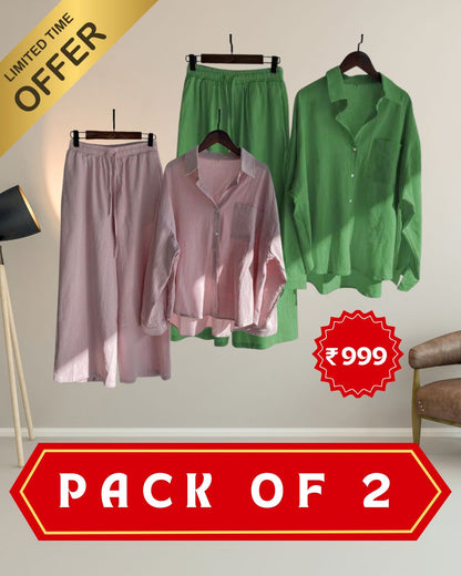 Pack of 2 Fashionable Women’s High‑Waist Cotton Shirt & Slacks Set 3.0