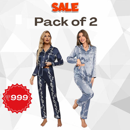 Pack of 2 Women’s Satin Floral Pajama Sets – Long Sleeve, Ultra-Soft Loungewear