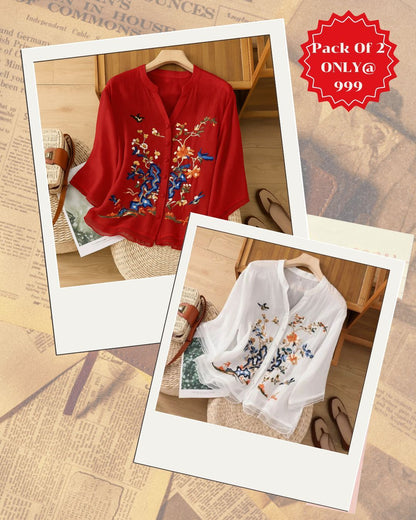 Elegant Floral Embroidered Chiffon Tops – Pack of 2 (White & Black)