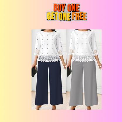 Chic Polka Dot Lace Co-Ord Set – Elegant Round Neck Top with Relaxed Fit Solid Trousers