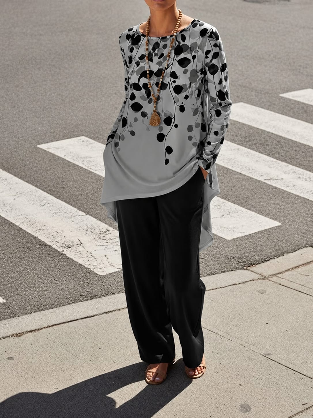 Women's Plus Size Leaf Print Top & Wide-Leg Pants Set