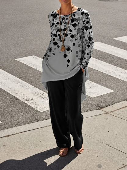 Women's Plus Size Leaf Print Top & Wide-Leg Pants Set