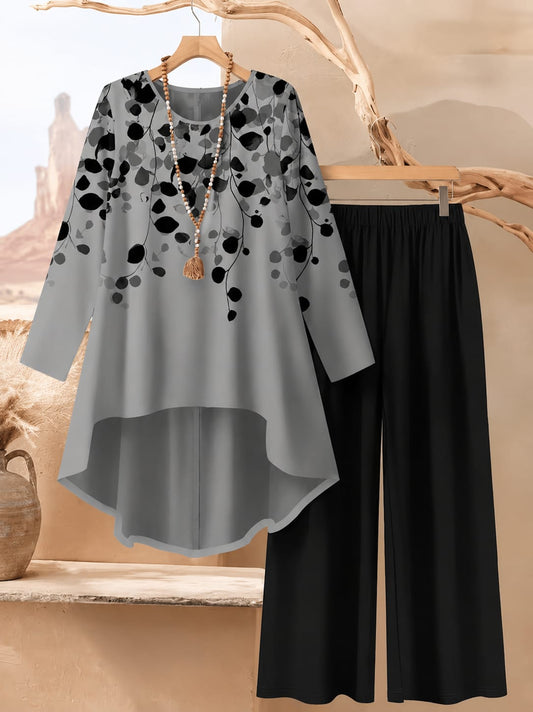Women's Plus Size Leaf Print Top & Wide-Leg Pants Set