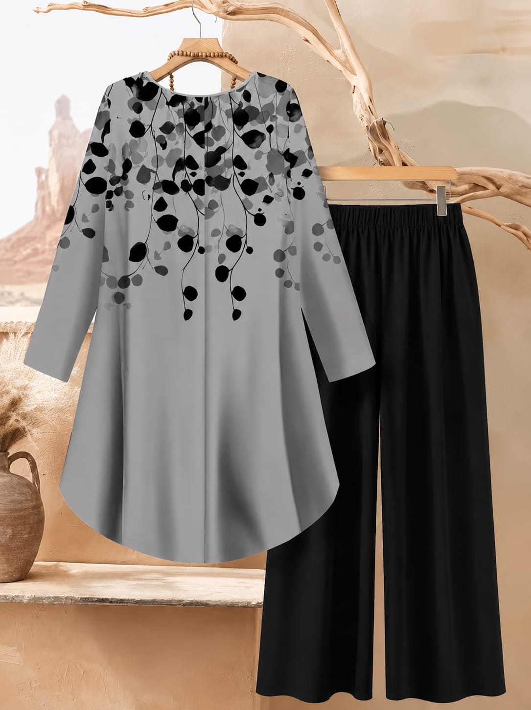 Women's Plus Size Leaf Print Top & Wide-Leg Pants Set