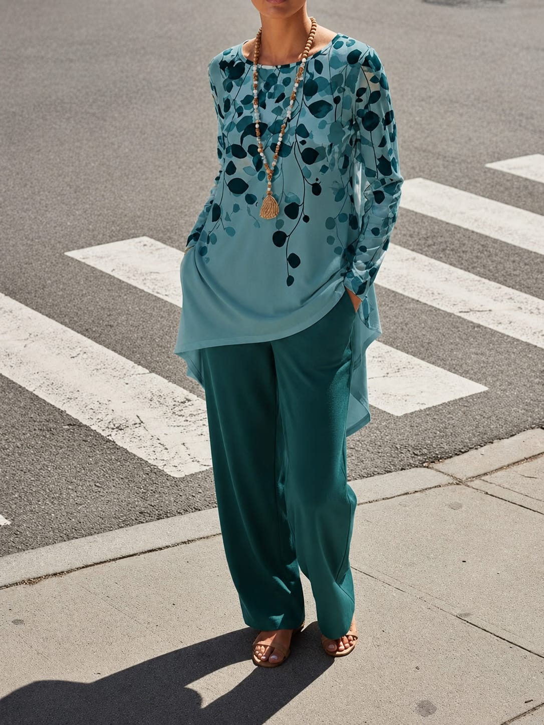 Women's Plus Size Leaf Print Top & Wide-Leg Pants Set