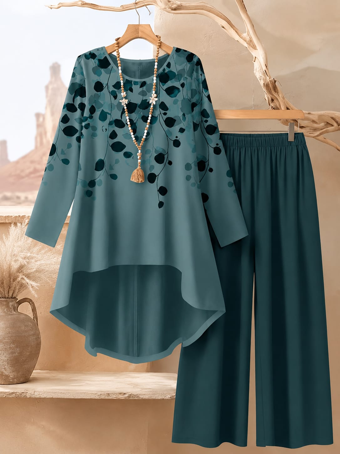Women's Plus Size Leaf Print Top & Wide-Leg Pants Set