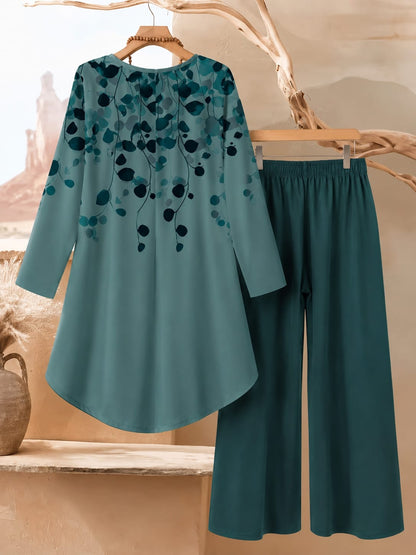 Women's Plus Size Leaf Print Top & Wide-Leg Pants Set