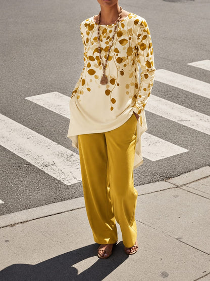 Women's Plus Size Leaf Print Top & Wide-Leg Pants Set