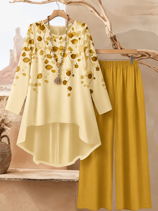 Women's Plus Size Leaf Print Top & Wide-Leg Pants Set