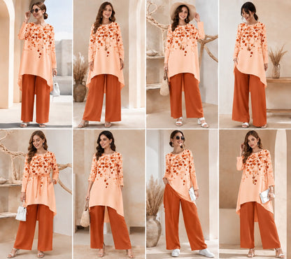 Women's Plus Size Leaf Print Top & Wide-Leg Pants Set