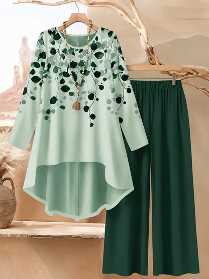 Women's Plus Size Leaf Print Top & Wide-Leg Pants Set