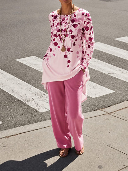 Women's Plus Size Leaf Print Top & Wide-Leg Pants Set