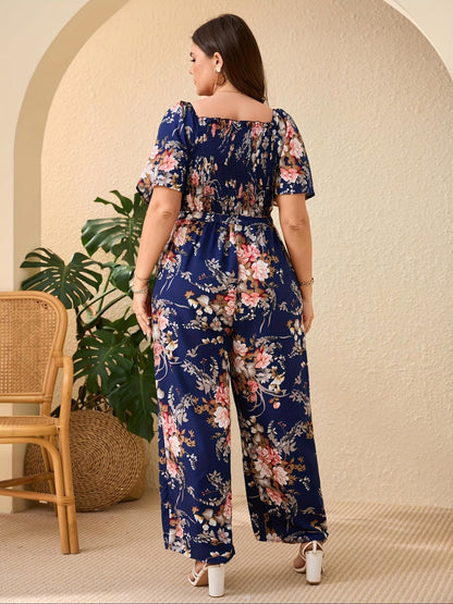 CurveBloom Plus Size Floral Wide-Leg Jumpsuit with Tie Belt