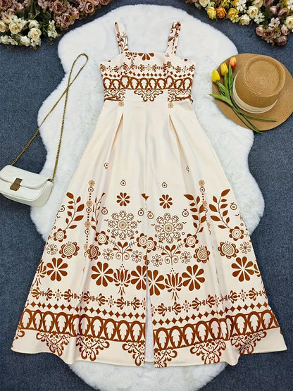 Women's Beige & Brown Floral Maxi Dress – A-Line Spaghetti Strap Beach & Wedding Outfit
