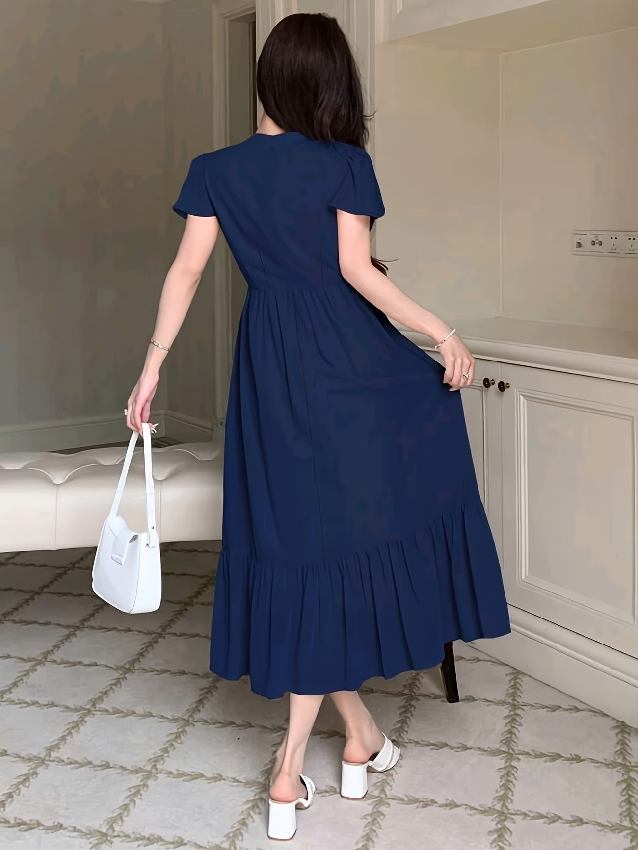 Women's Elegant Pleated Waist Ruffle Hem Maxi Dress