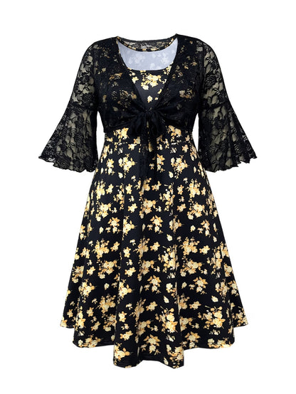 Plus Size Women Elegant Lace Coat & Printed Vest Dress 2-Piece Outfit Set