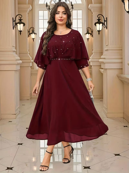 Plus Size Women’s Elegant Rhinestone Collar Dress