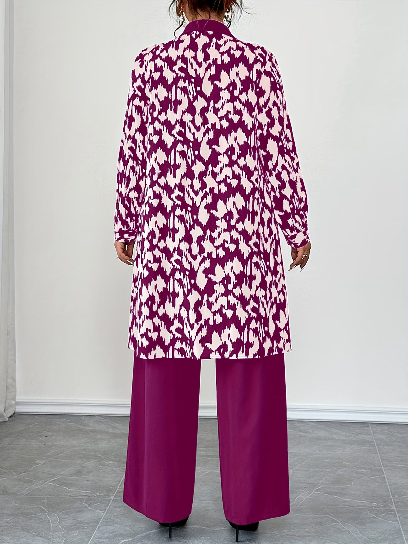 Women's Elegant Patchwork Cardigan, Mid-Length Shirt & Straight-Leg Trousers Set