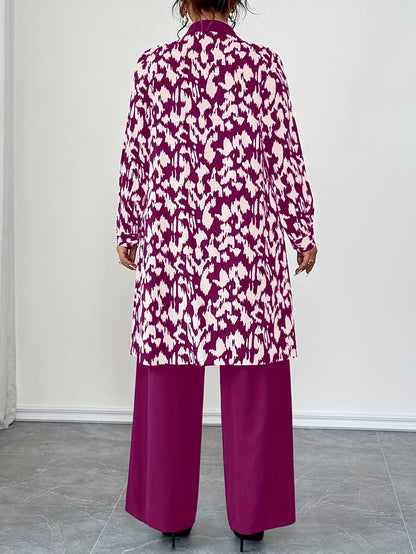 Women's Elegant Patchwork Cardigan, Mid-Length Shirt & Straight-Leg Trousers Set