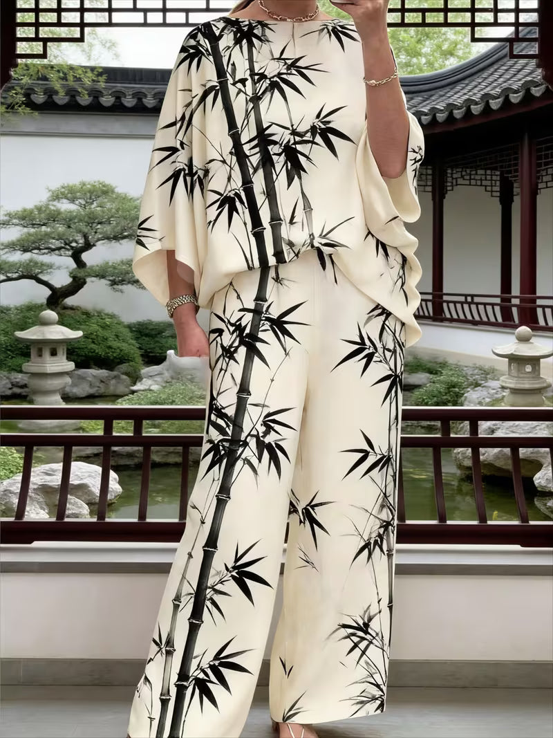 Plus Size Off-Shoulder Batwing Sleeve Printed 2-Piece Set