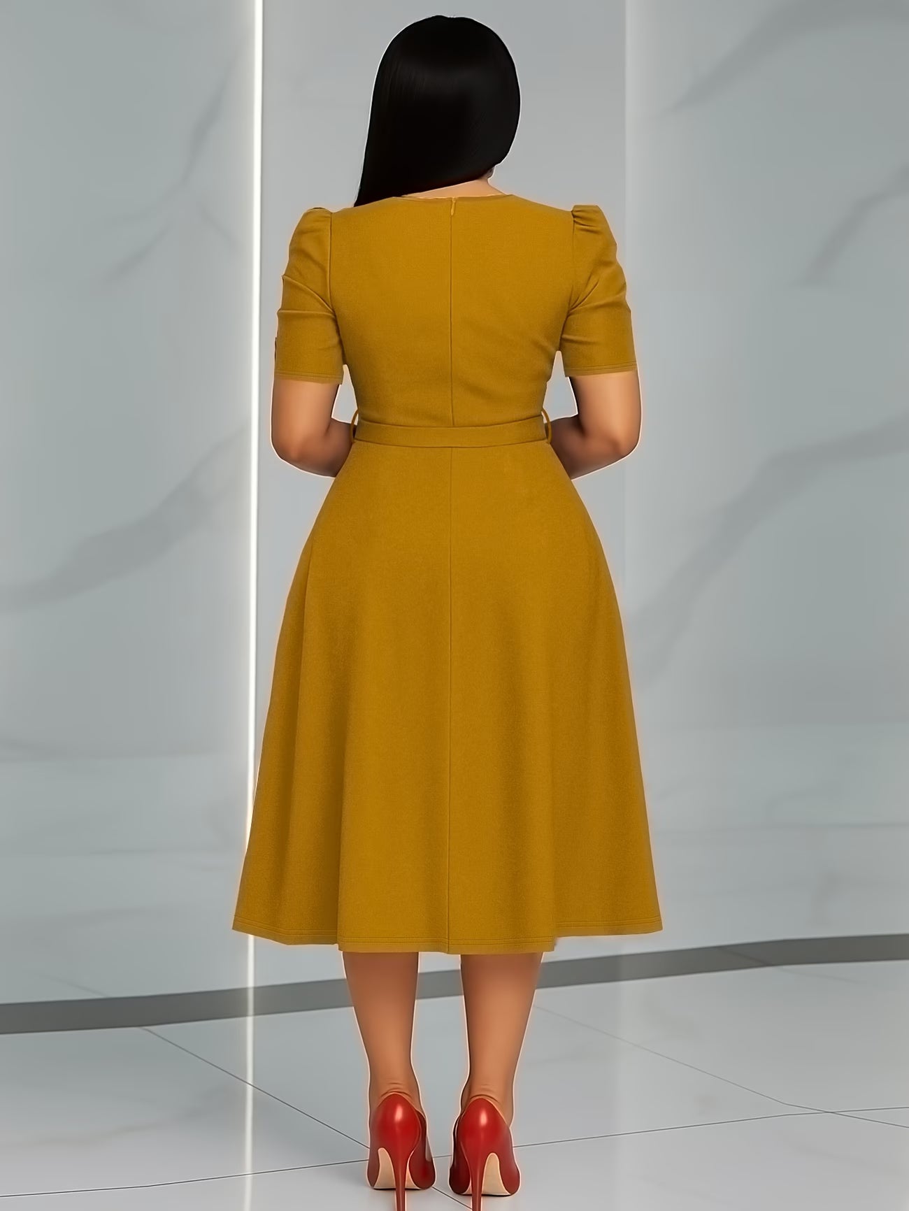 Women's Elegant V-Neck Ruffle Midi Dress with Waist Belt