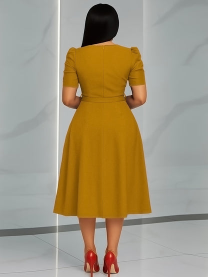 Women's Elegant V-Neck Ruffle Midi Dress with Waist Belt