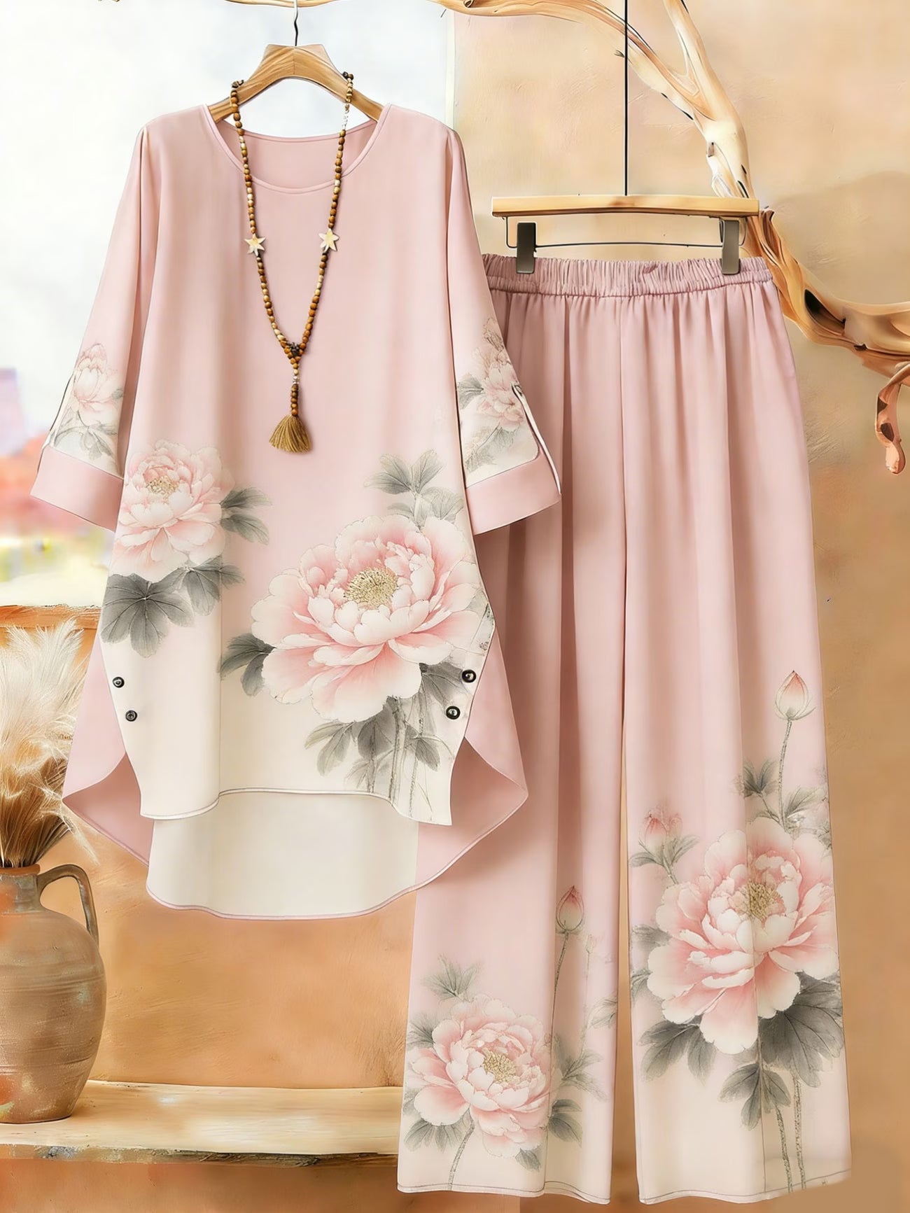 Plus Size Bohemian Printed Co-Ord Set – V-Neck Casual Tunic & Pants Outfit