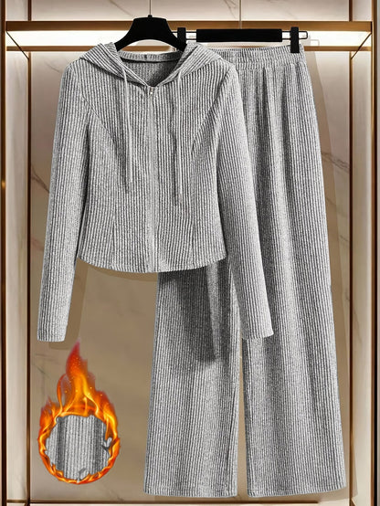 Women’s Hooded Long Sleeve Top & Pants Co-Ord Set – Elegant Solid Color Lounge Wear