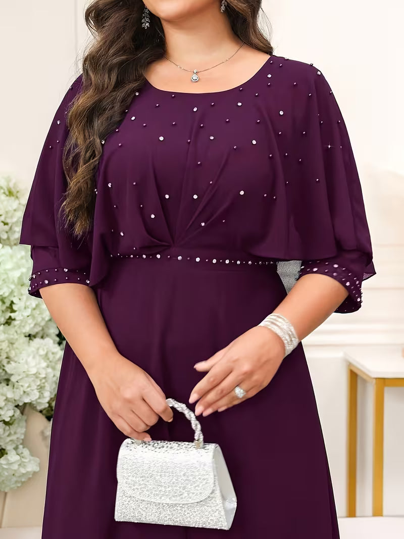 Plus Size Women’s Elegant Rhinestone Collar Dress