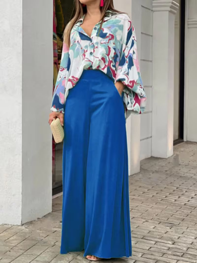 Women’s Printed Shirt & Wide-Leg Trousers Set – Casual Fashion Outfit