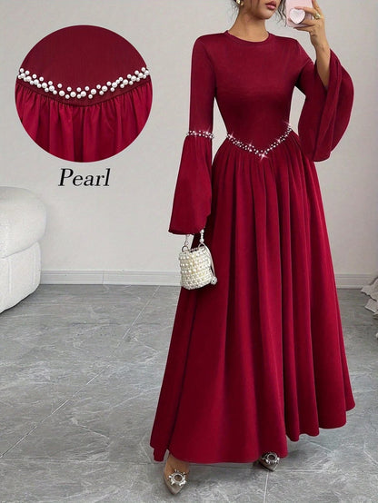 Elegant Pearled A-Line Long Sleeve Dress for Women