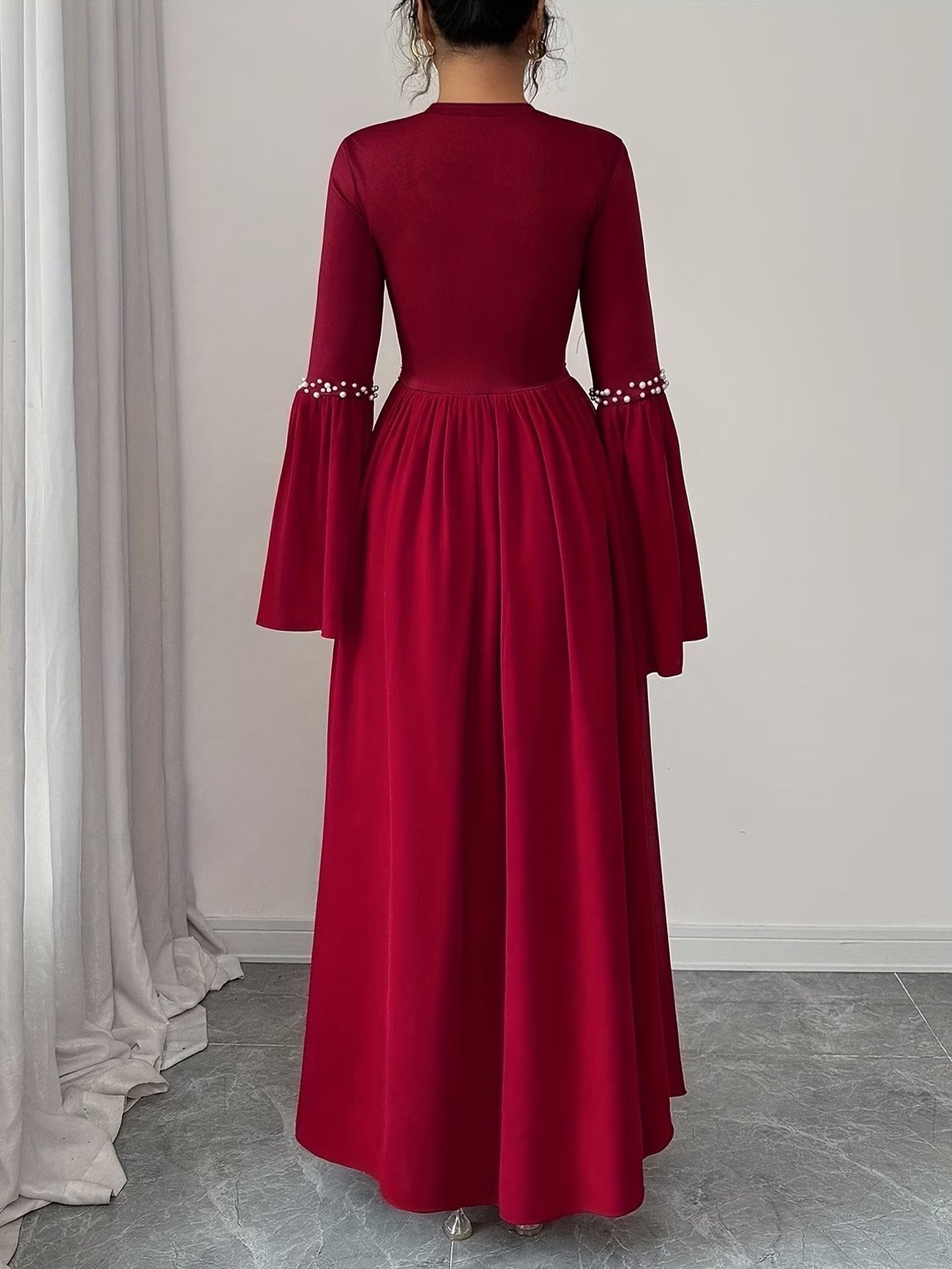 Elegant Pearled A-Line Long Sleeve Dress for Women