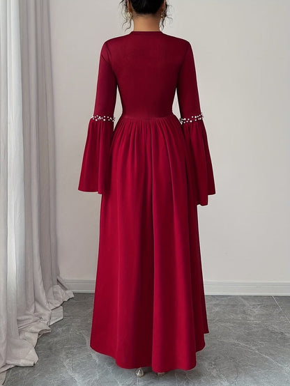 Elegant Pearled A-Line Long Sleeve Dress for Women