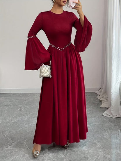 Elegant Pearled A-Line Long Sleeve Dress for Women