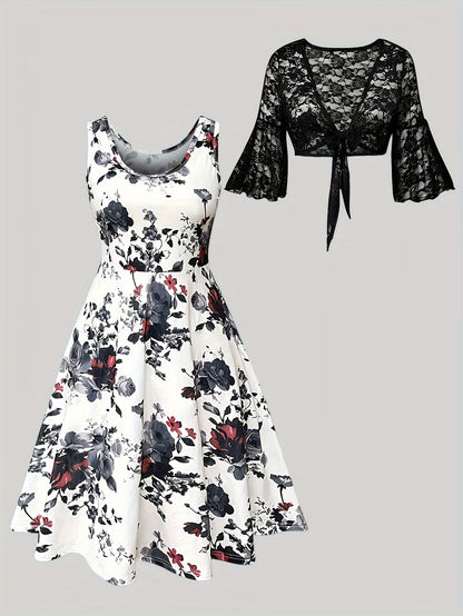 Plus Size Women Elegant Lace Coat & Printed Vest Dress 2-Piece Outfit Set