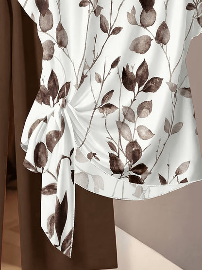 Women's Floral Print Tie-Front Shirt & Wide-Leg Pants Two-Piece Set