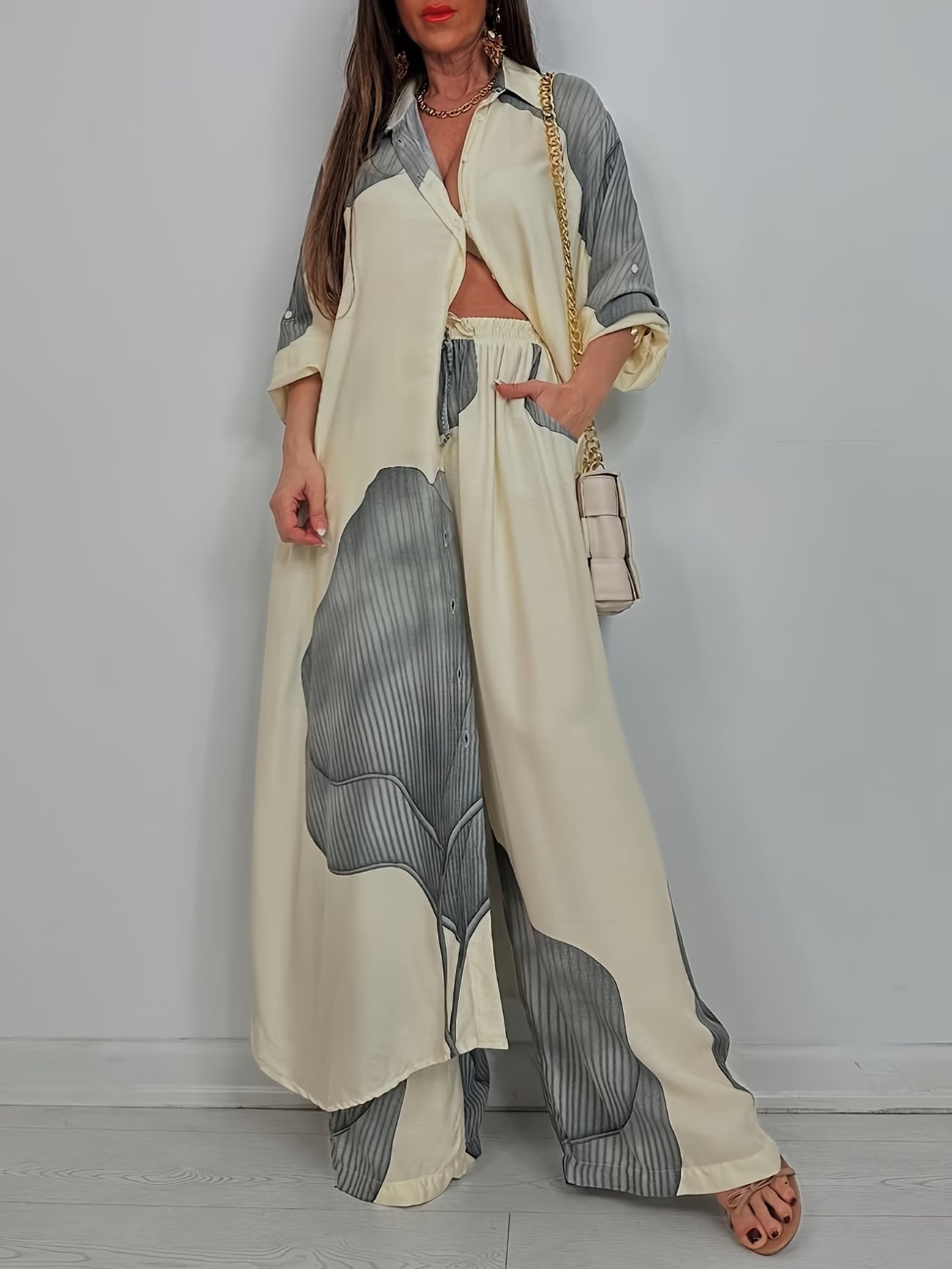 Women's Printed Long Shirt & Relaxed Pants Two-Piece Set