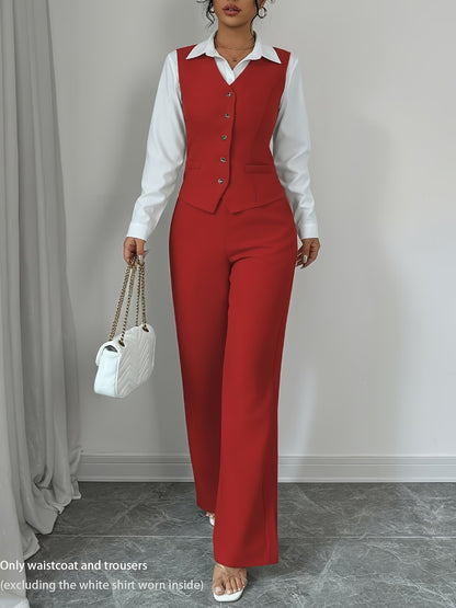 Women's Sleeveless Waist-Cinched Vest & Wide-Leg Pants Two-Piece Set