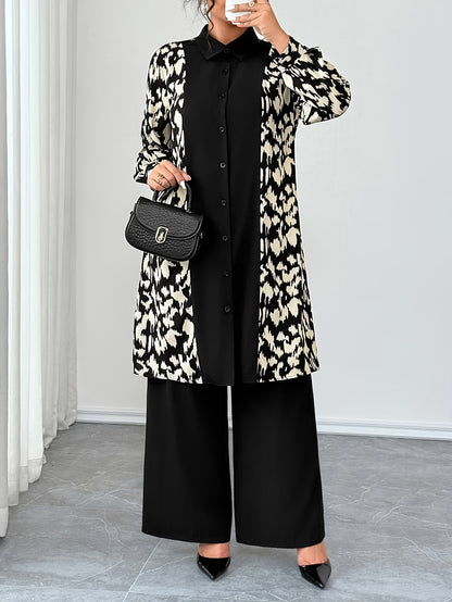Women's Elegant Patchwork Cardigan, Mid-Length Shirt & Straight-Leg Trousers Set
