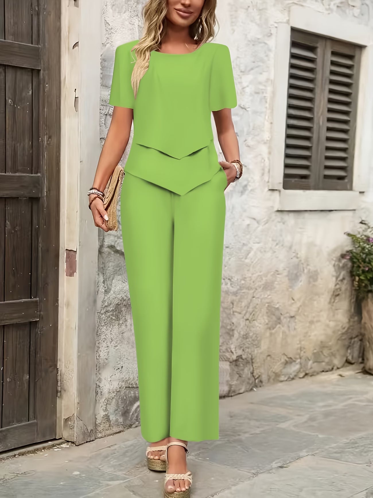 Women Summer Casual T-Shirt & Straight Leg Pants 2-Piece Set