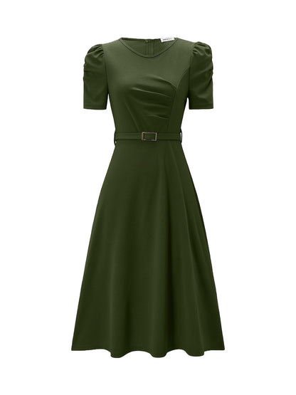 Women's Elegant V-Neck Ruffle Midi Dress with Waist Belt