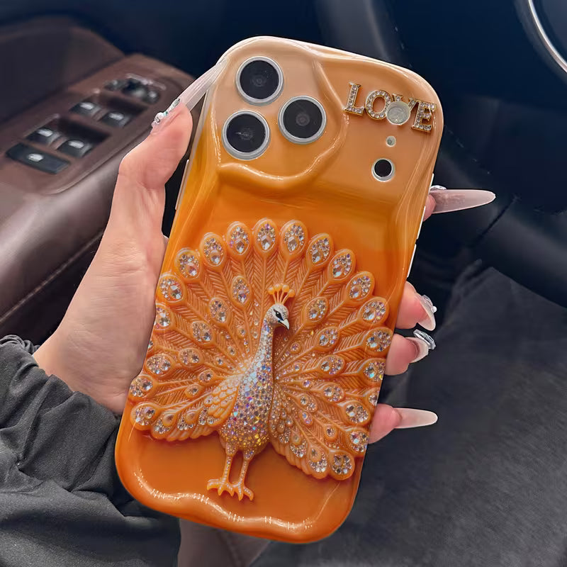 Luxury Golden Peacock Feather Glass Case for iPhone 📱✨