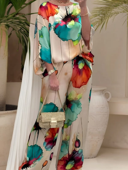Women's Elegant Printed Batwing Sleeve Two-Piece Set