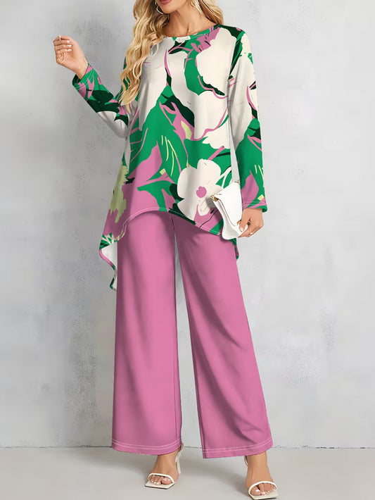 Women’s Long-Sleeve Floral Suit – Light Red Flowers on Gray, Casual & Vacation Wear