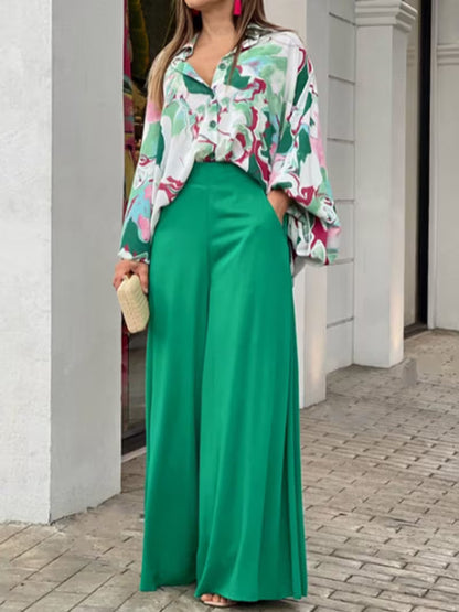 Women’s Printed Shirt & Wide-Leg Trousers Set – Casual Fashion Outfit