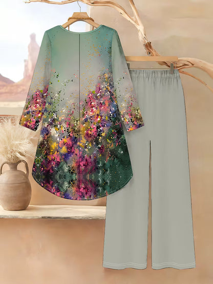 Women’s Long-Sleeve Floral Suit – Light Red Flowers on Gray, Casual & Vacation Wear