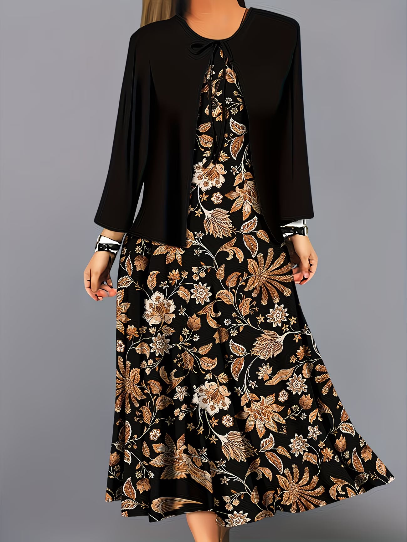 Women's Botanical Print Dress & Tie-Front Cardigan Two-Piece Set