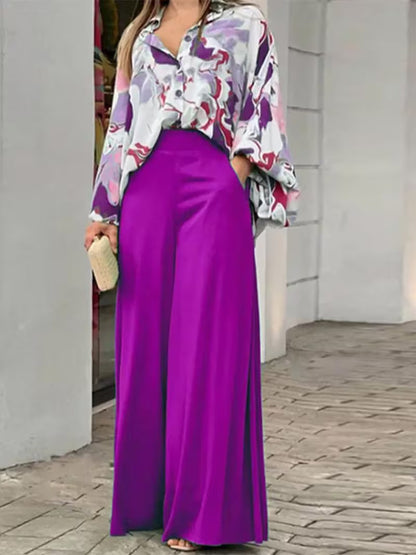 Women’s Printed Shirt & Wide-Leg Trousers Set – Casual Fashion Outfit