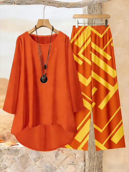 Plus Size Women’s Loose Net Color Top & Printed Pants Set – 2pcs Casual Outfit